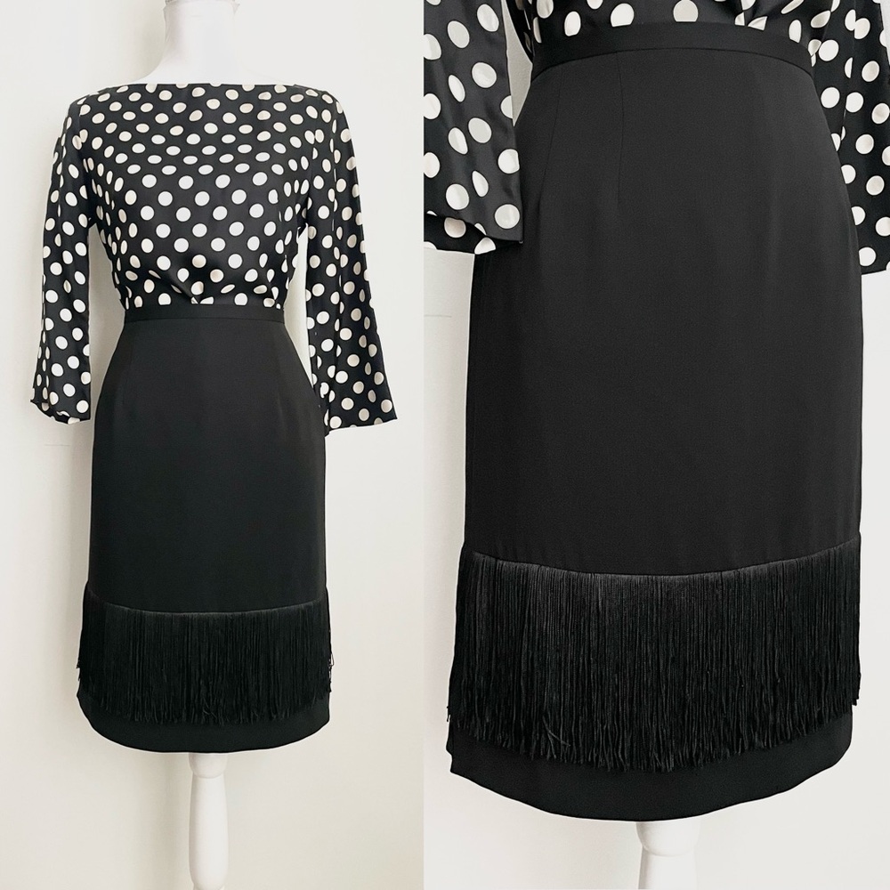 Vintage Harvé Benard Black Crepe Pencil Skirt with Fringe Trim, Size 10